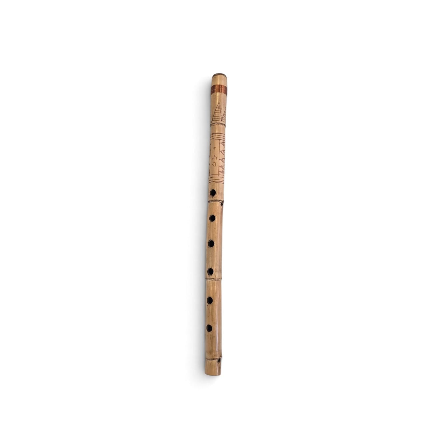 A natural bamboo flute with engraved details and finger holes, shown vertically against a plain white background.