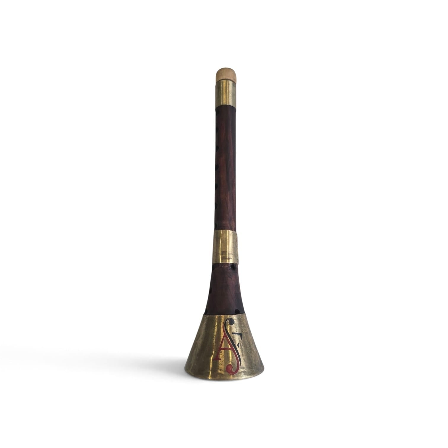 A traditional Scottish bagpipe chanter with a dark brown wooden body, gold metal bellows, and a silver-toned base decorated with a red and gold lily of the valley motif, set against a plain white background.