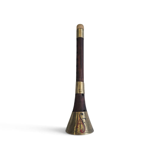 A traditional Scottish bagpipe chanter with a dark brown wooden body, gold metal bellows, and a silver-toned base decorated with a red and gold lily of the valley motif, set against a plain white background.