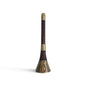 A traditional Scottish bagpipe chanter with a dark brown wooden body, gold metal bellows, and a silver-toned base decorated with a red and gold lily of the valley motif, set against a plain white background.