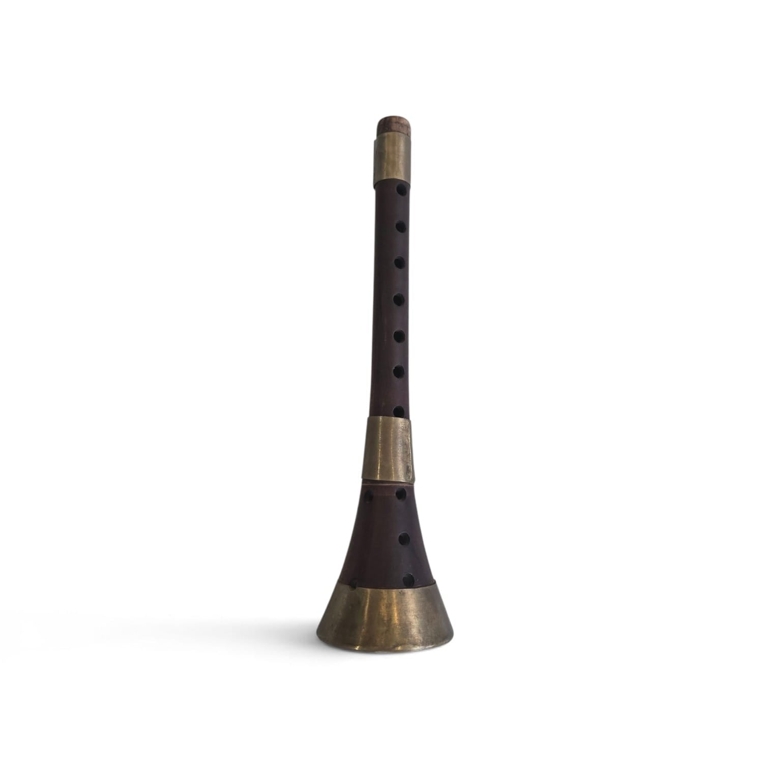 A traditional Scottish bagpipe drone, also known as a bagpipe, featuring a dark brown wooden body with brass metal accents and a flared bell, shown on a plain white background.