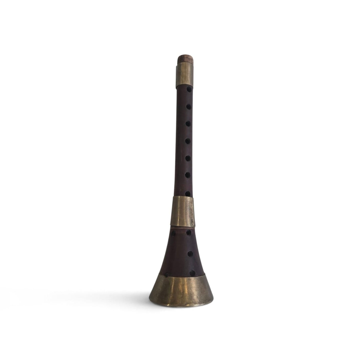 A traditional Scottish bagpipe drone, also known as a bagpipe, featuring a dark brown wooden body with brass metal accents and a flared bell, shown on a plain white background.