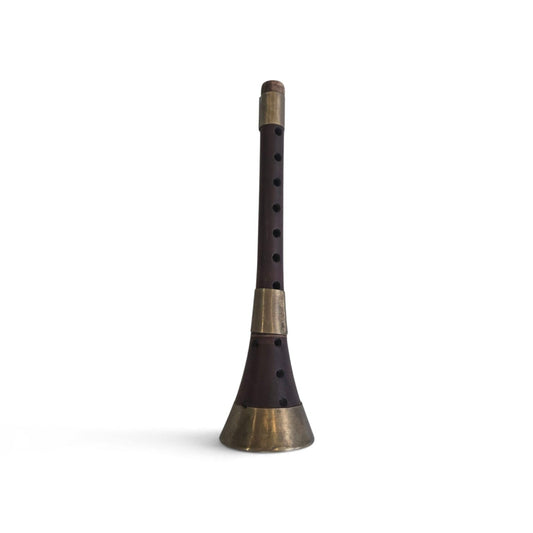 A traditional Scottish bagpipe drone, also known as a bagpipe, featuring a dark brown wooden body with brass metal accents and a flared bell, shown on a plain white background.