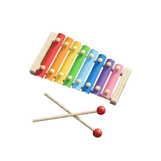 A wooden rainbow xylophone toy with eight colorful metal bars in red, orange, yellow, green, light blue, dark blue, purple, and pink, shown with two wooden mallets on a plain white background.