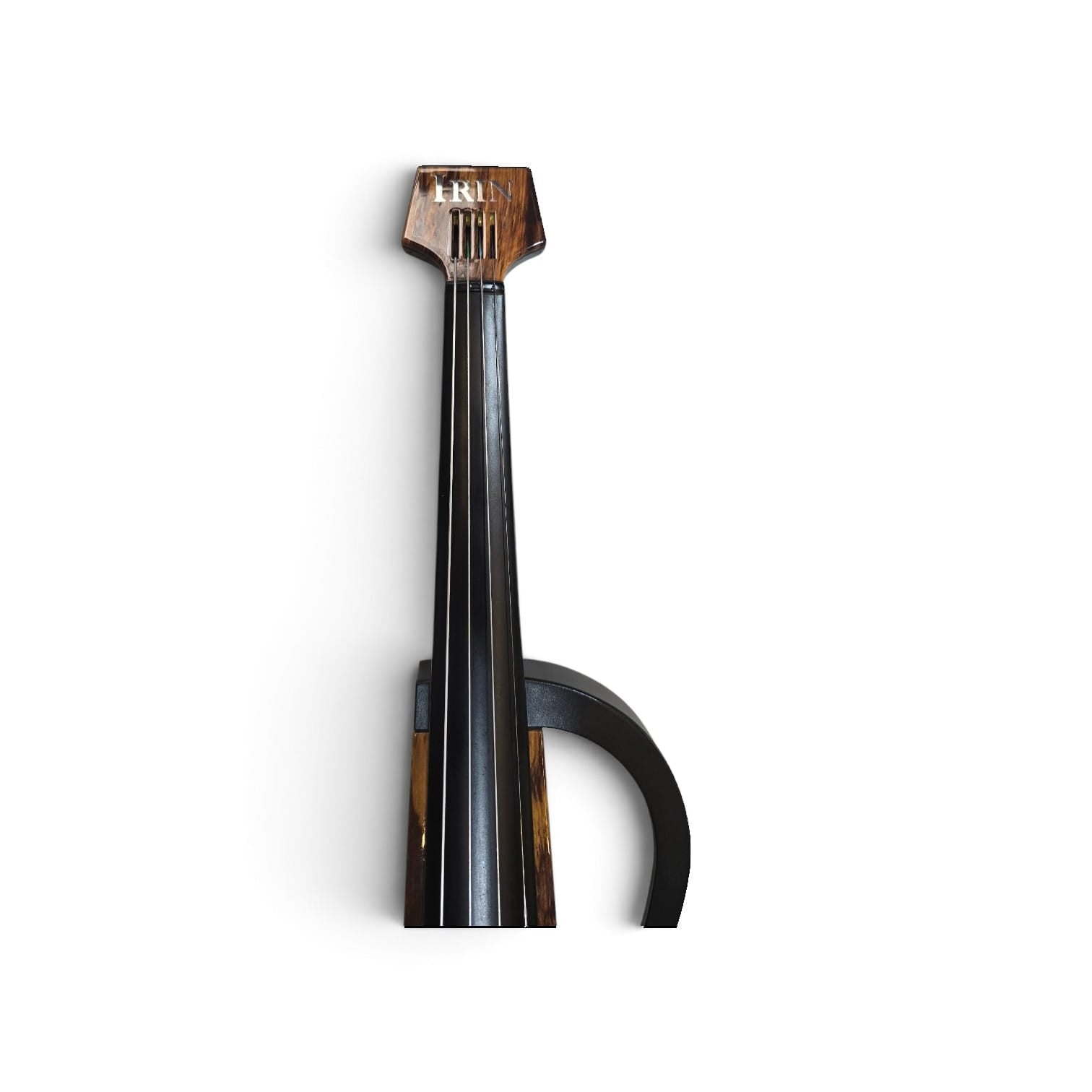 A Meinl electric violin shown vertically against a plain white background, highlighting its dark wood headstock, body, and electronic pick-up structure.
