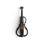 A wall-mounted violin-shaped light fixture made of dark wood and black metal, shown against a plain white background.