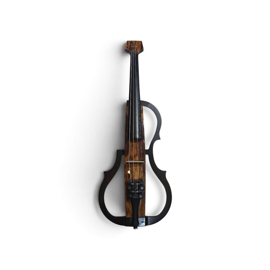 A wall-mounted violin-shaped light fixture made of dark wood and black metal, shown against a plain white background.