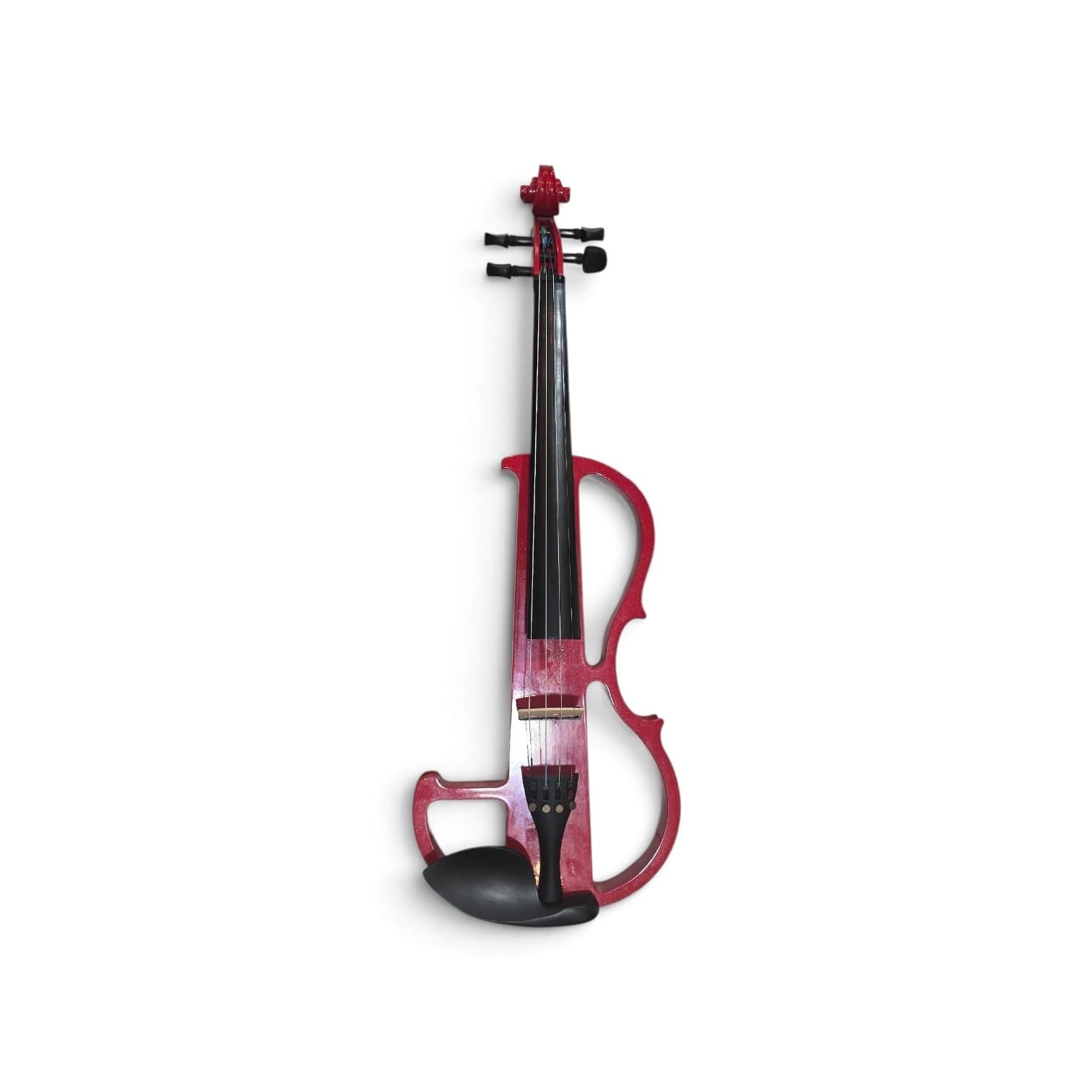 A miniature electric violin with a glossy red and black finish, featuring a black chin rest and black neck, shown against a plain white background.