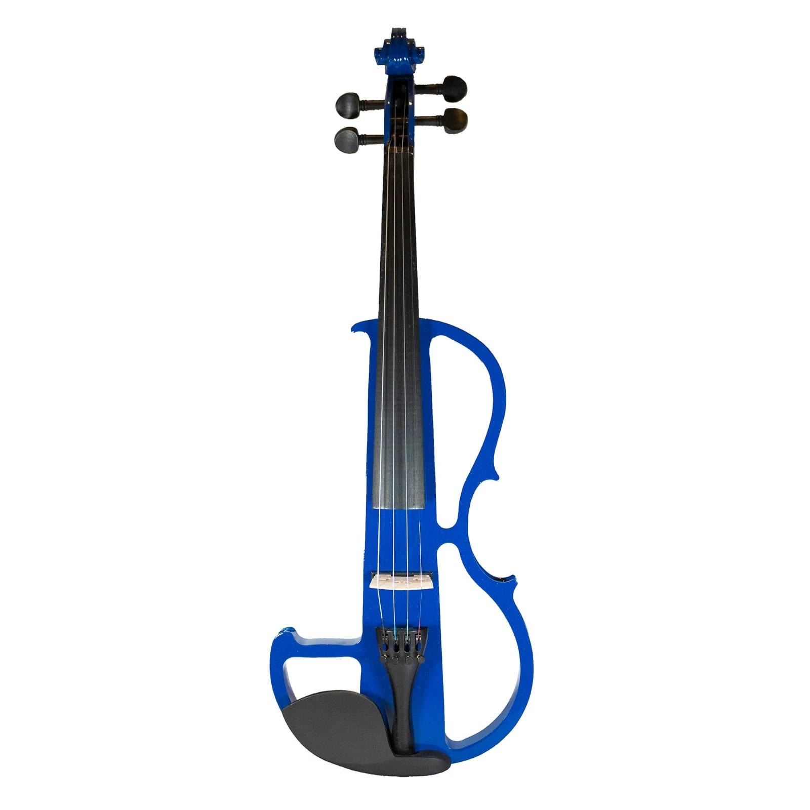 A blue and black electric violin shown against a solid white background.
