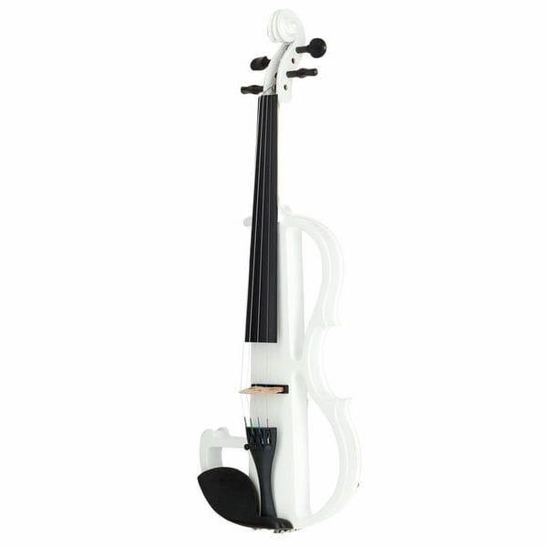 A white electric violin with a black neck, fingerboard, tailpiece, and bow, shown against a solid white background.