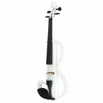 A white electric violin with a black neck, fingerboard, tailpiece, and bow, shown against a solid white background.