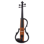 An electric violin with a glossy black body, neck, and scroll, featuring a warm brown wood-grain body panel and four strings, isolated on a white background.