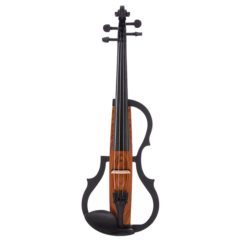 An electric violin with a glossy black body, neck, and scroll, featuring a warm brown wood-grain body panel and four strings, isolated on a white background.