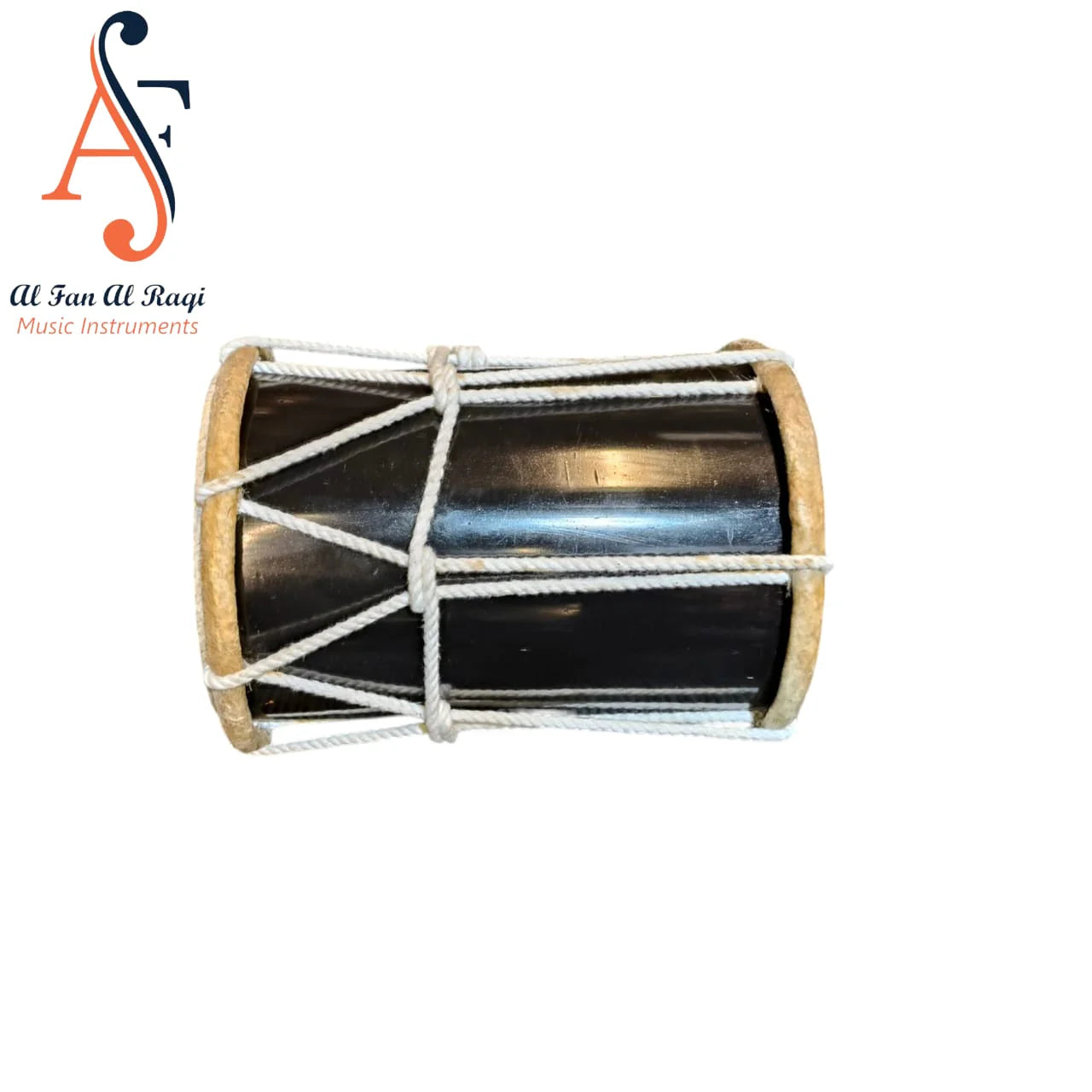Metal drum with wooden rim and rope wrapping on a white background, branded 'Al Faw Al Raqi Music Instruments'.