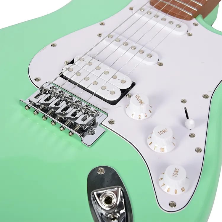 Close-up of a green electric guitar with white pickguard and control knobs.