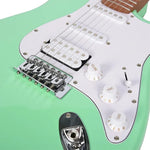 Close-up of a green electric guitar with white pickguard and control knobs.