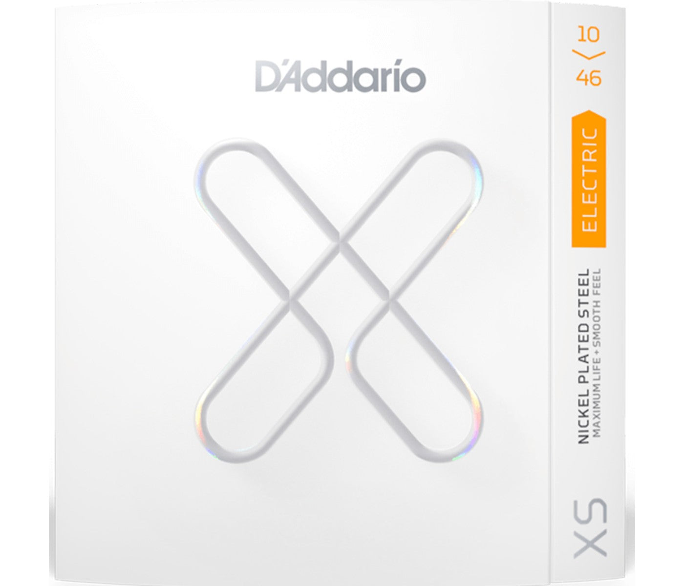 A pack of D'Addario XS Nickel Coated Electric Guitar Strings, Regular Light gauge, with packaging displaying the string gauges from 10 to 46.