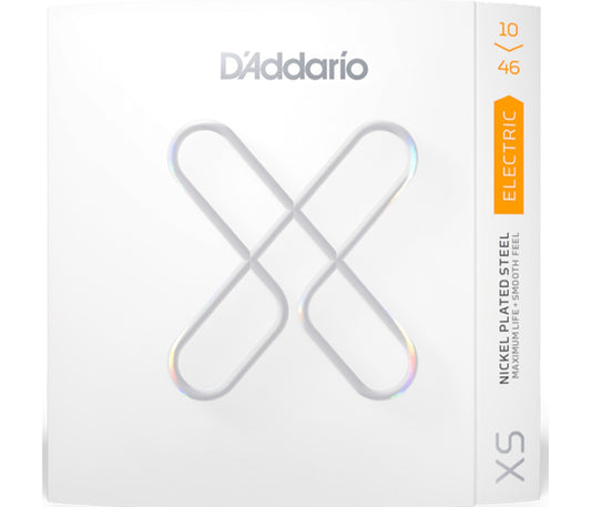 A pack of D'Addario XS Nickel Coated Electric Guitar Strings, Regular Light gauge, with packaging displaying the string gauges from 10 to 46.