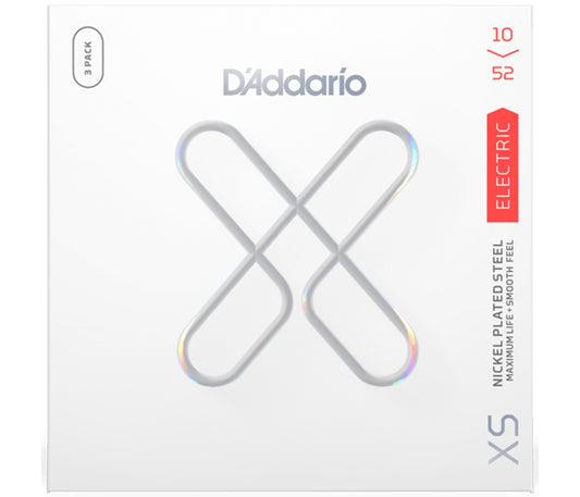 A pack of D'Addario XSE1052 XS Nickel Coated Electric Guitar Strings, showing the packaging with a visible brand and gauge indication.