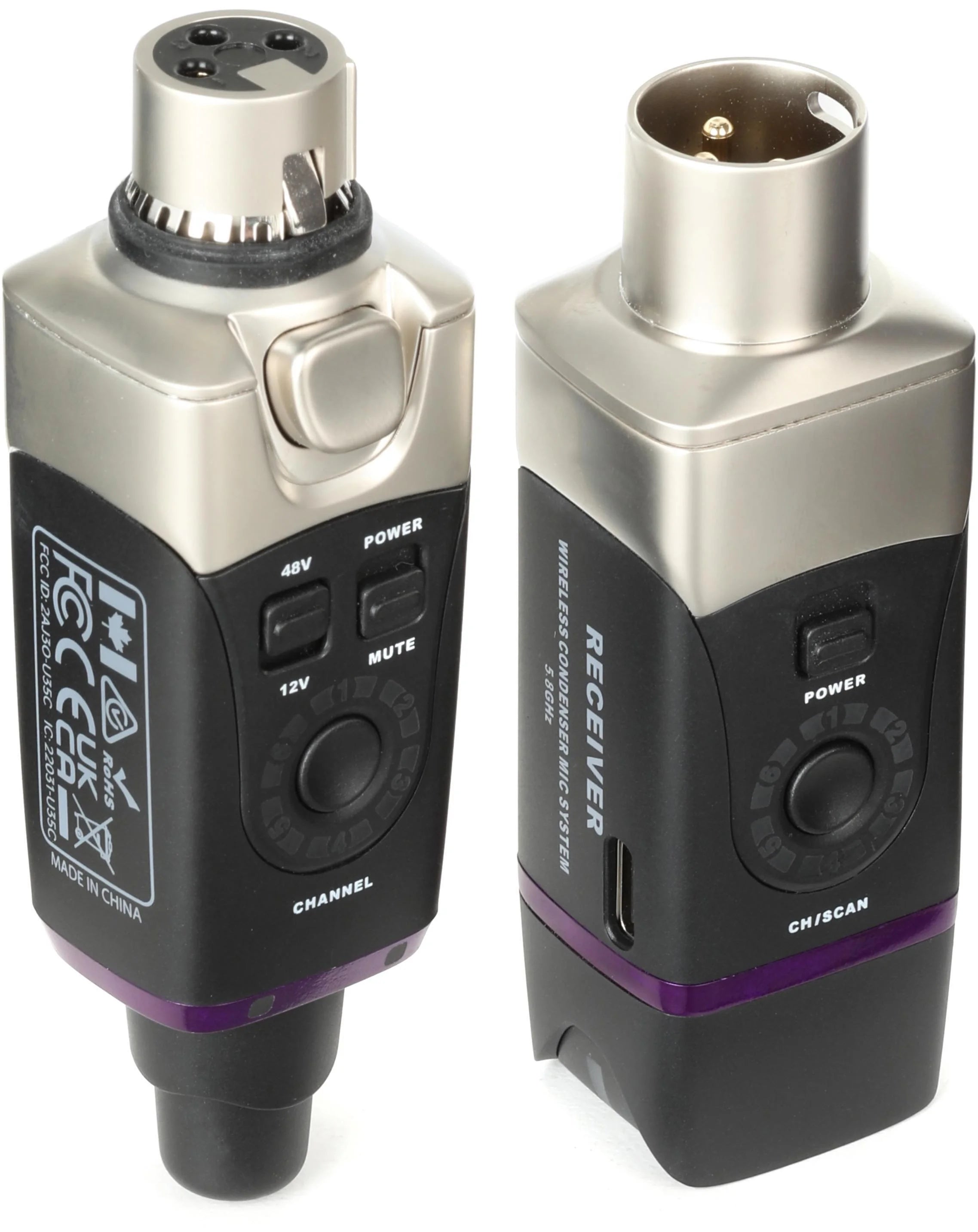 Two electronic devices, likely a transmitter and receiver, on a white background.