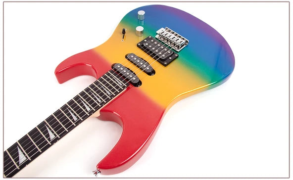 Colorful electric guitar with a rainbow gradient on a white background