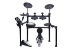 Electronic drum set with a snare drum, crash cymbals, ride cymbal, hi-hat, and kick pedal. The set has a black color and metal construction with an LCD display on the snare drum.