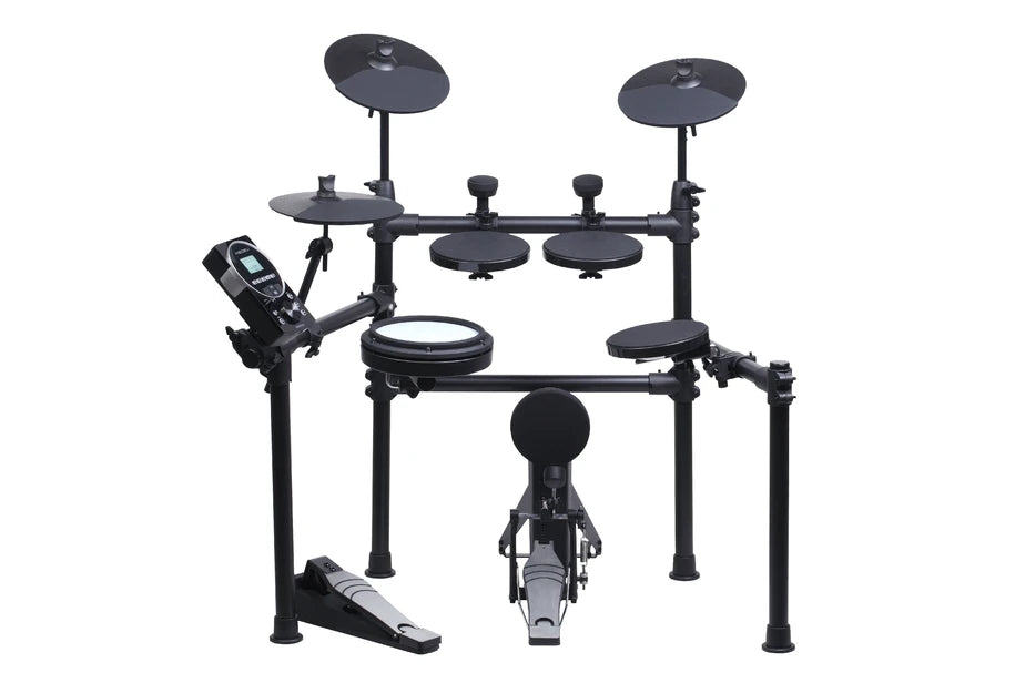 Electronic drum set with a snare drum, crash cymbals, ride cymbal, hi-hat, and kick pedal. The set has a black color and metal construction with an LCD display on the snare drum.