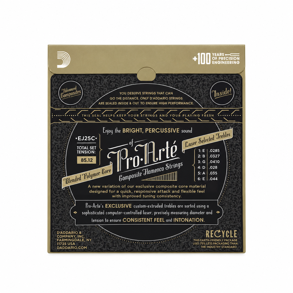 Back view of the D'Addario EJ25C Pro-Arté Composite Flamenco guitar strings package with string details.