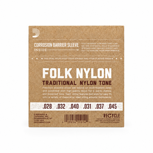 Back view of the D'Addario EJ32 Folk Nylon package with string gauge information.