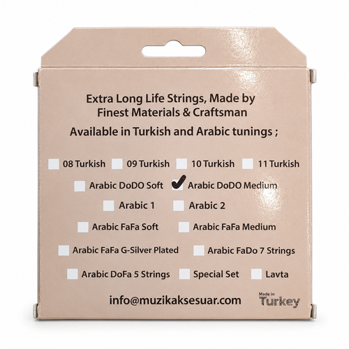 Back view of the original Aurora oud strings package showing the checked Arabic DoDO Medium selection and genuine packaging text