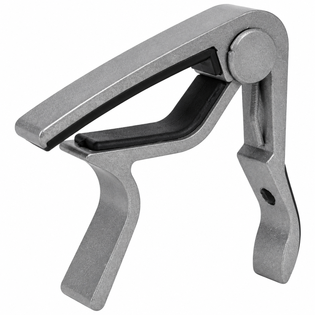 Close detail of the unbranded BDJ-007 guitar capo showing its metal body, spring mechanism, and contact pads