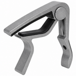 Close detail of the unbranded BDJ-007 guitar capo showing its metal body, spring mechanism, and contact pads