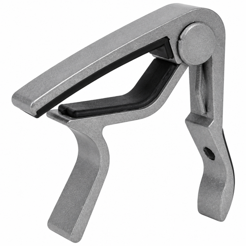 Close detail of the unbranded BDJ-007 guitar capo showing its metal body, spring mechanism, and contact pads