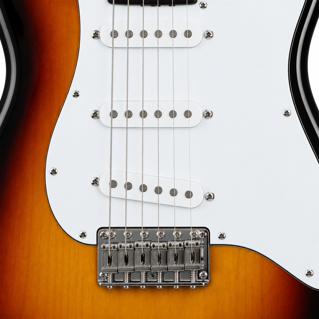 Close-up of the Vintage V6 ReIssued guitar's three single-coil pickups, white pickguard, strings and bridge.