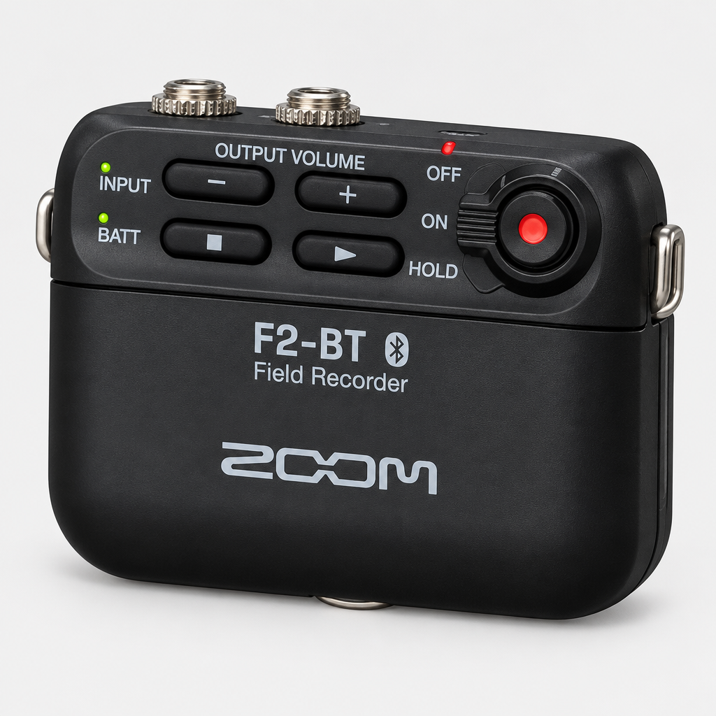 Close view of the Zoom F2-BT/B compact field recorder showing its buttons, screen area, and clip.