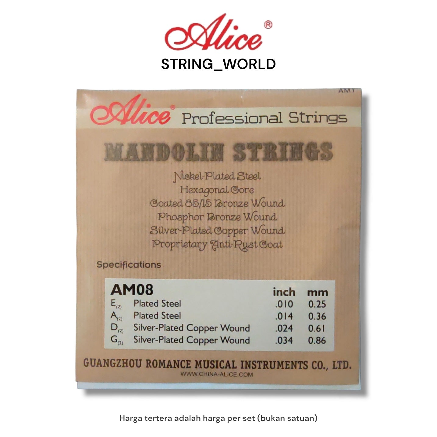 Alice mandolin strings packaging with specifications on a white background