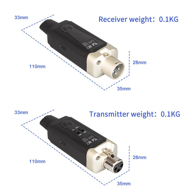Transmitter and receiver with dimensions and weight labels on a white background