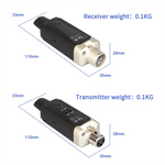Transmitter and receiver with dimensions and weight labels on a white background