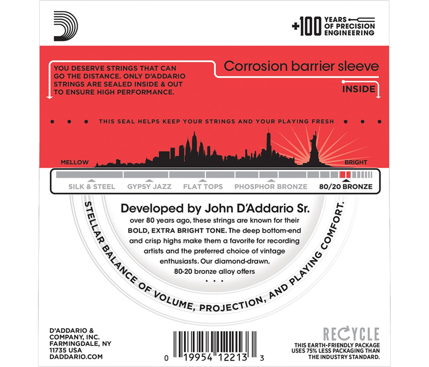 D'Addario EJ12 80/20 Bronze Acoustic Guitar Strings Medium - 13-56