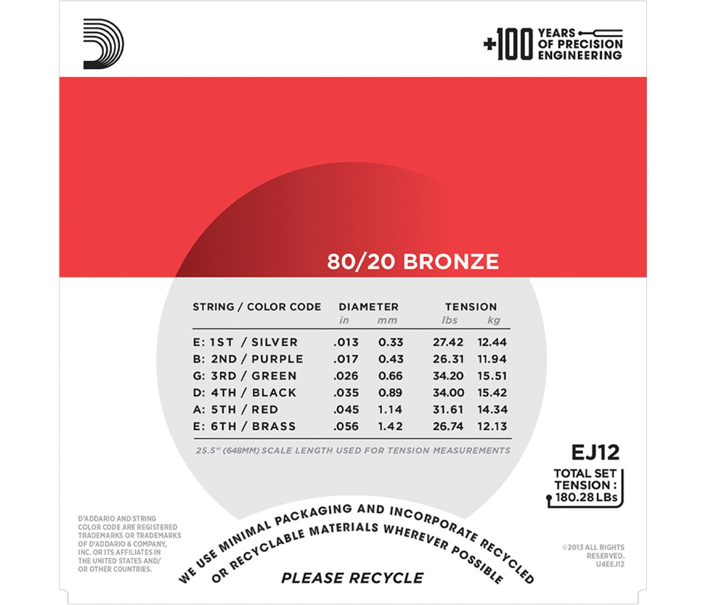 D'Addario EJ12 80/20 Bronze Acoustic Guitar Strings Medium - 13-56
