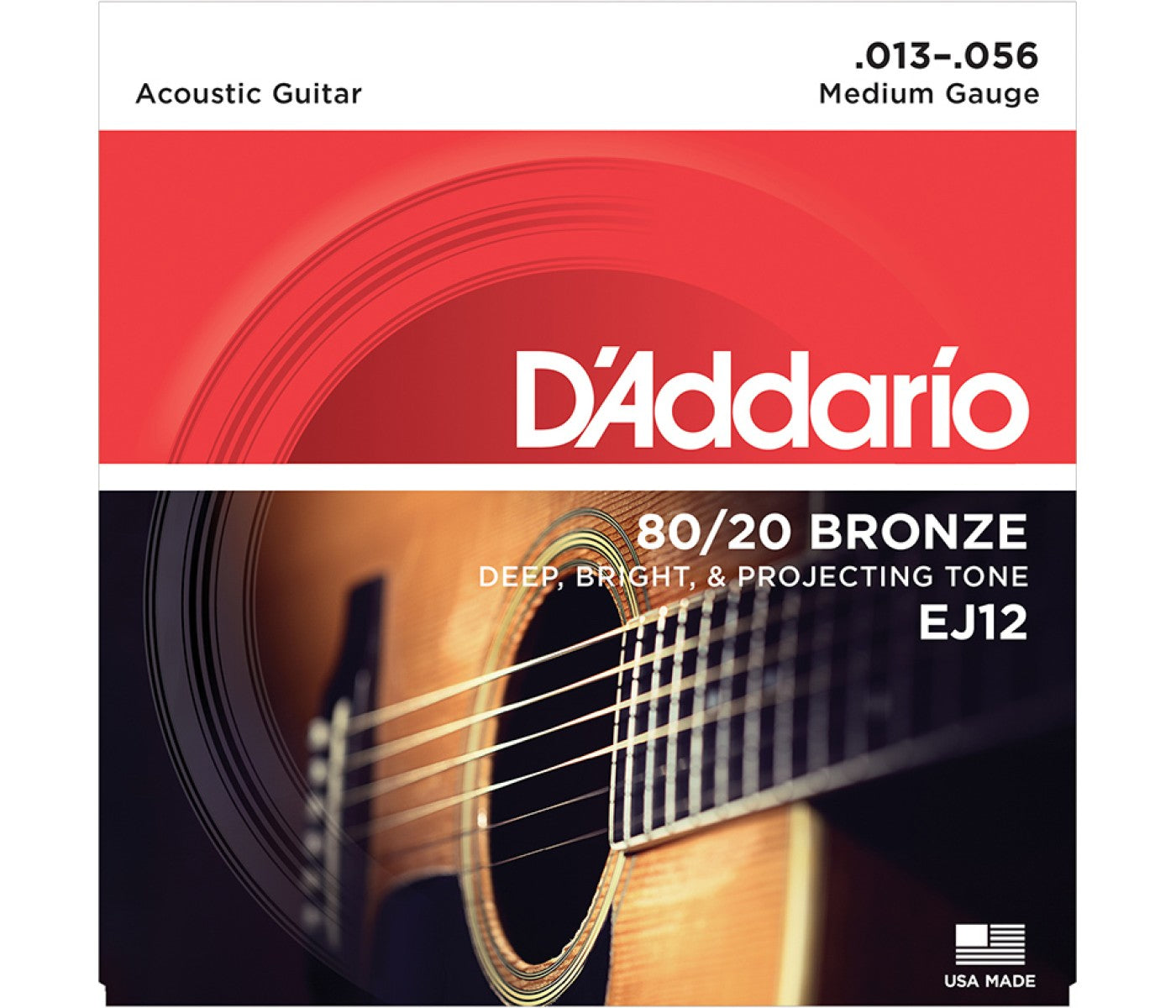 Packaging for D'Addario EJ12 80/20 Bronze Acoustic Guitar Strings in Medium gauge with a background image of an acoustic guitar.