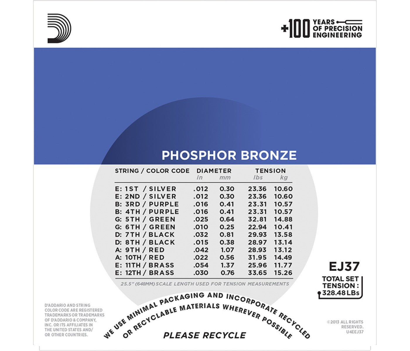 D'Addario EJ37 Phosphor Bronze 12-String Acoustic Guitar Strings Medium Top - Heavy Bottom - 12-54