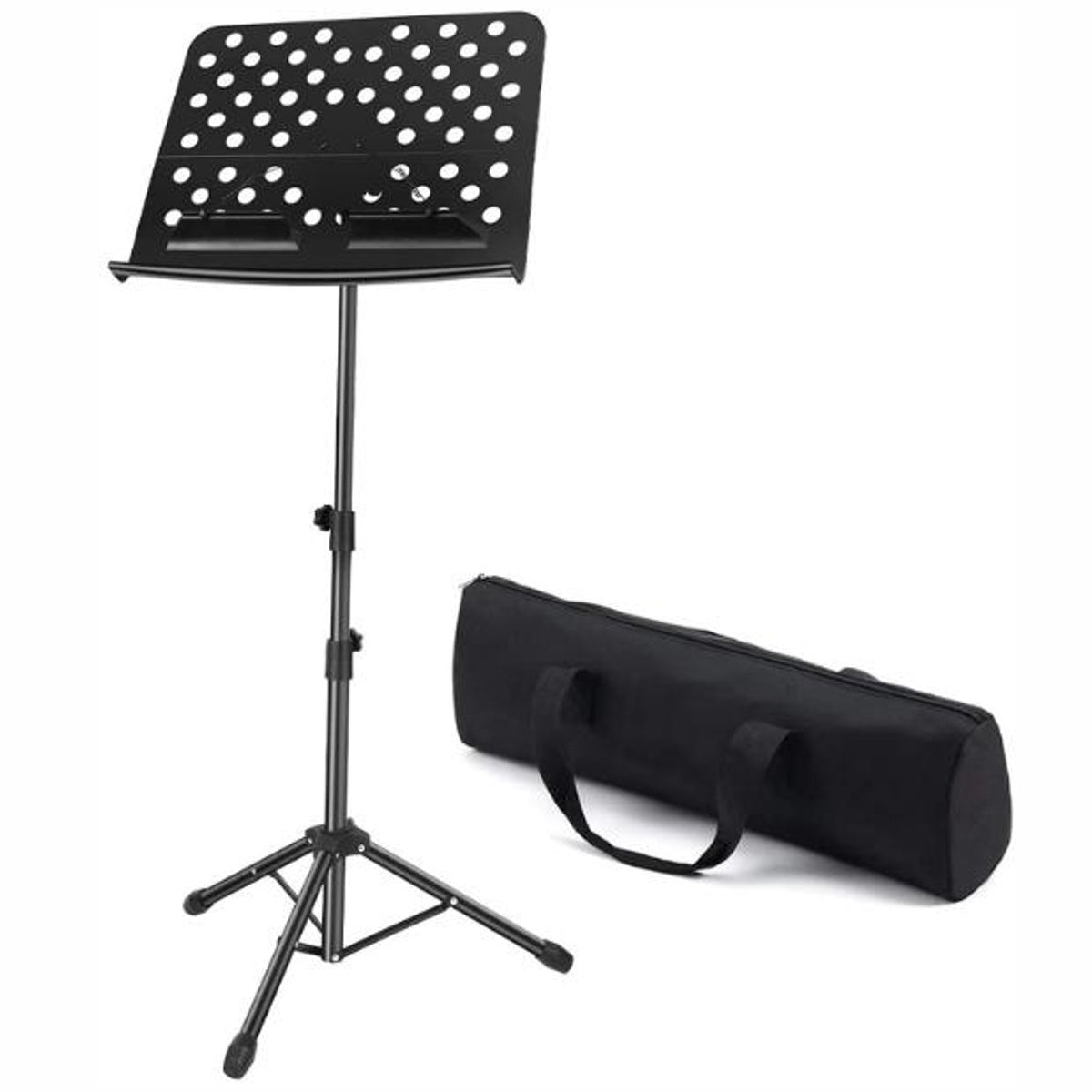 Black music stand with carrying bag on a white background