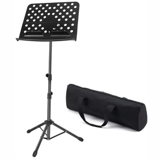 Black music stand with carrying bag on a white background