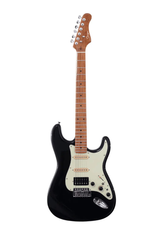 Black electric guitar with a white pickguard on a white background