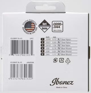 Ibanez guitar string packaging with specifications and branding
