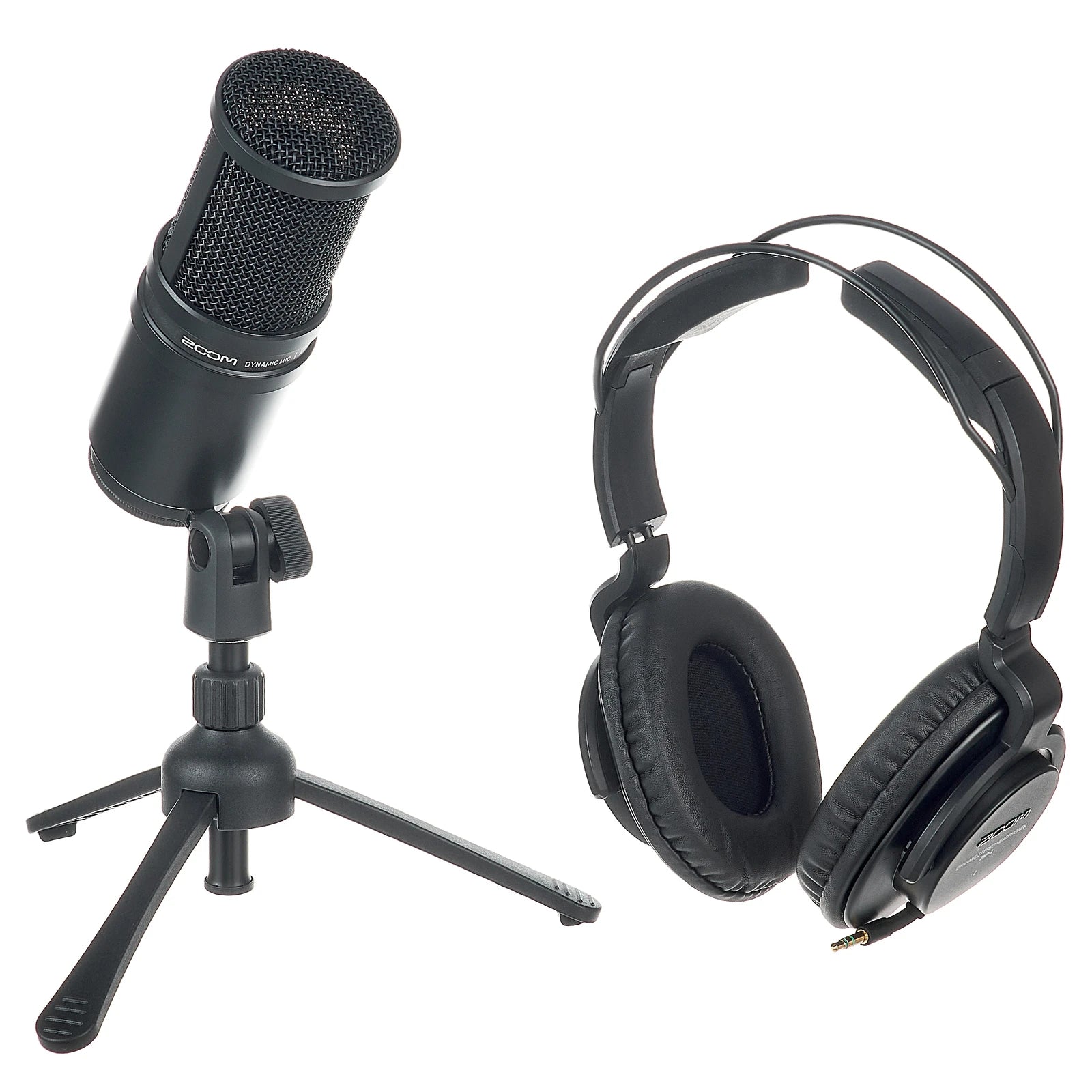Microphone on a stand with headphones on a white background