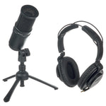 Microphone on a stand with headphones on a white background