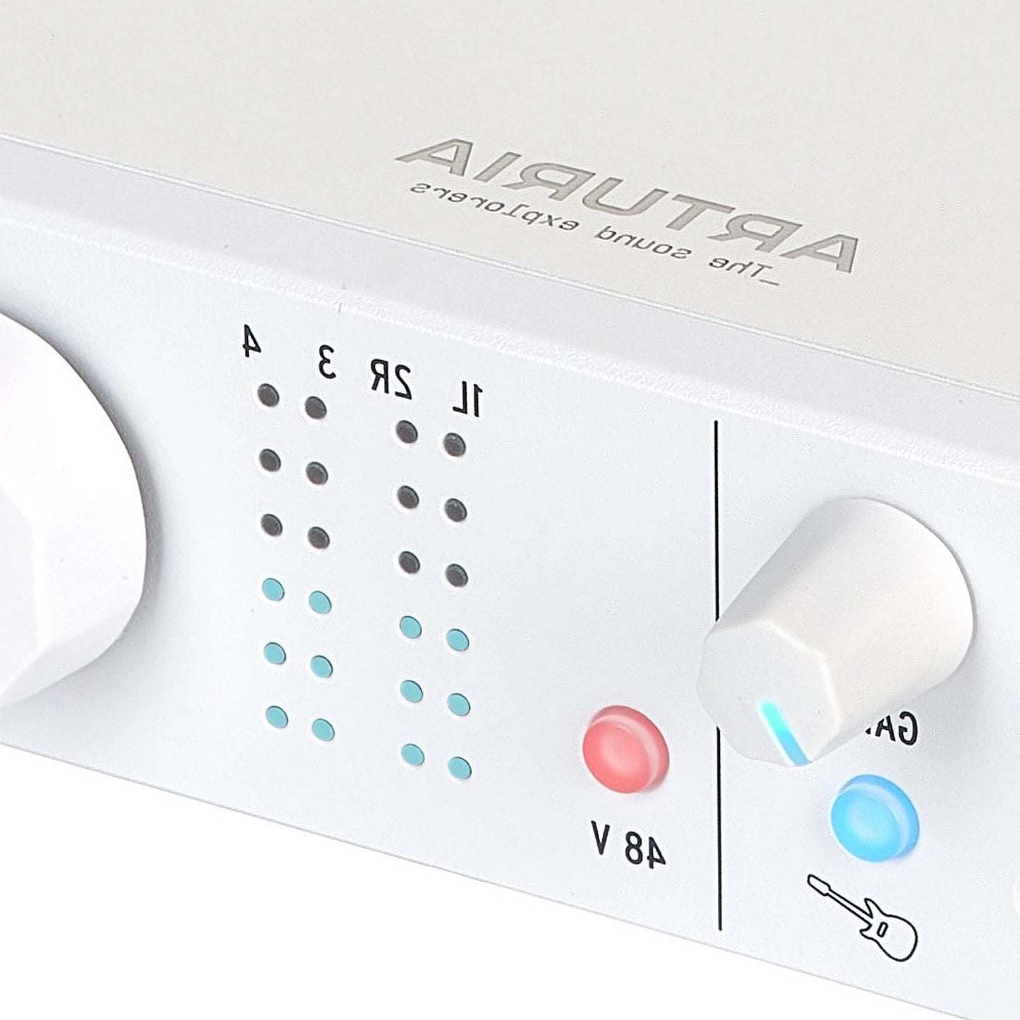 Close-up of a control panel with Arturia branding on a white background