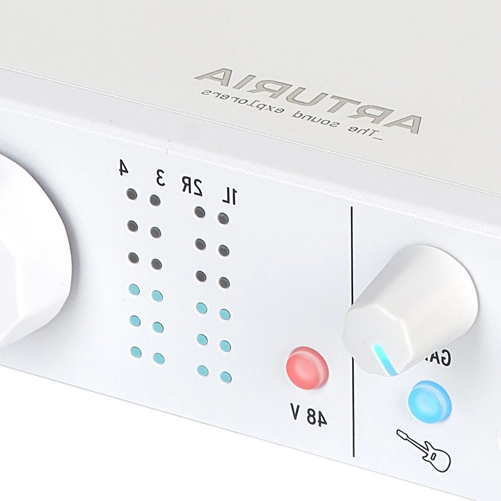 Close-up of a control panel with Arturia branding on a white background